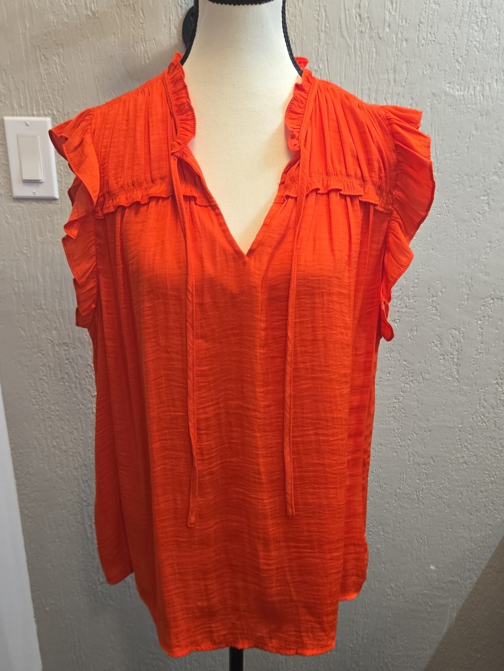 Jones & Co Jones New York Orange Ruffle Sleeve Split Neck Blouse